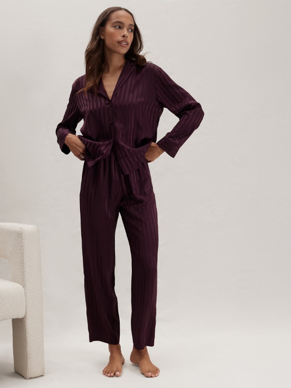 NEW w TAGS LUNYA Washable Silk Striped Jacquard Long Sleeve Pant Set Sz L $298